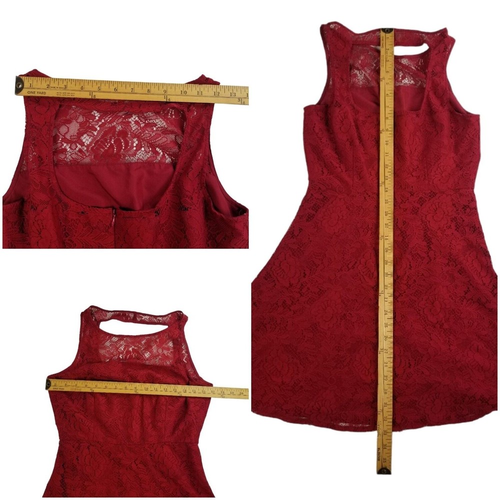BB Dakota Red Fit & Flare Mini Dress Crew Neck Lace Open Back Women's Size 6 - Picture 7 of 16